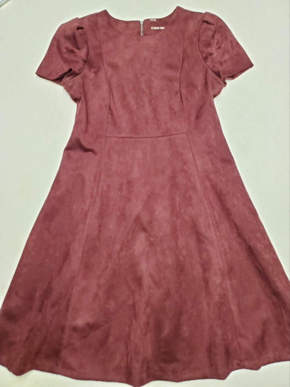 Calvin Klein Faux Suede Fit Flare Dress Sz 12 Cap Sleeve Back Zip